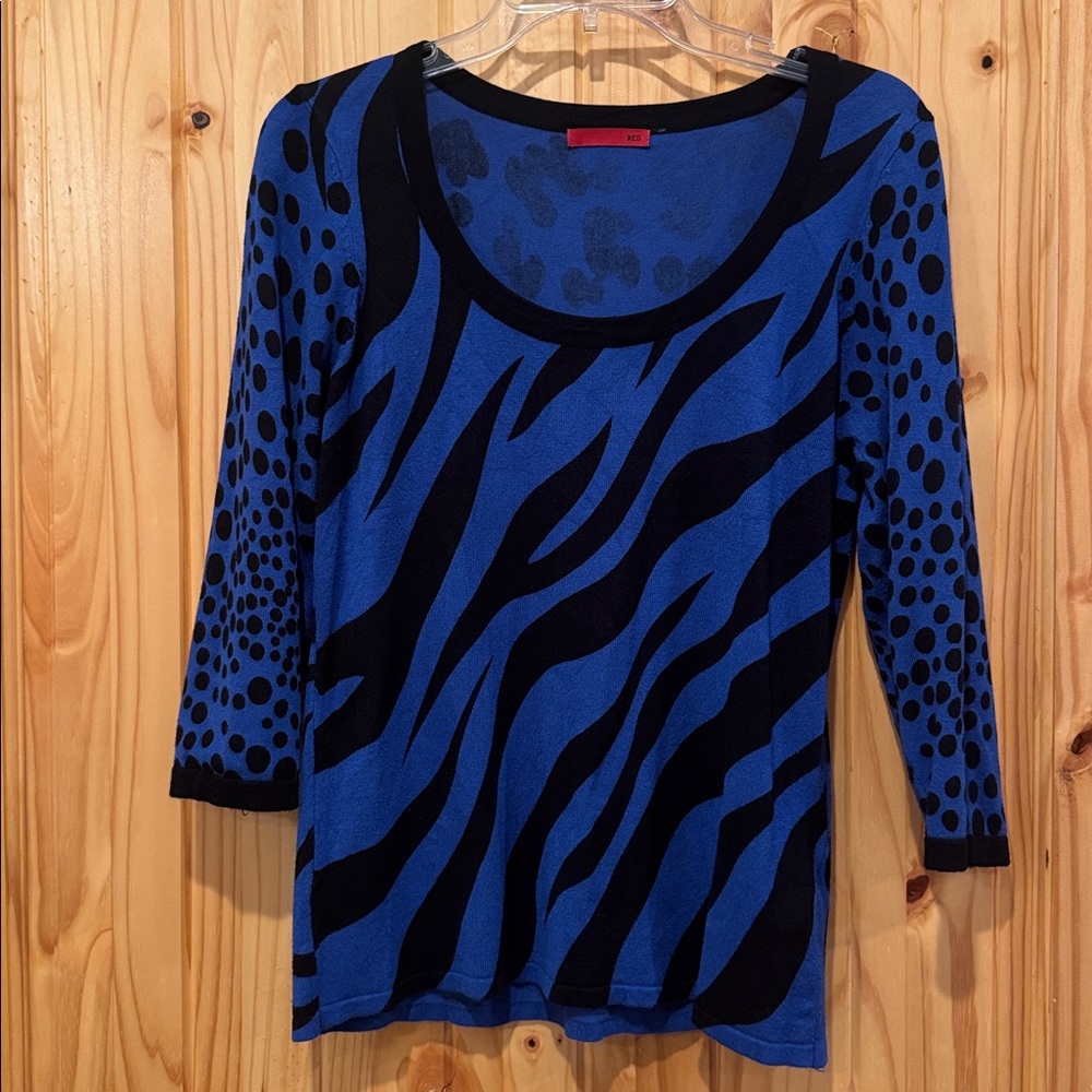 Red Brand Royal Blue and Black Patterned Knit Top, 3/4 Sleeve, Size M
